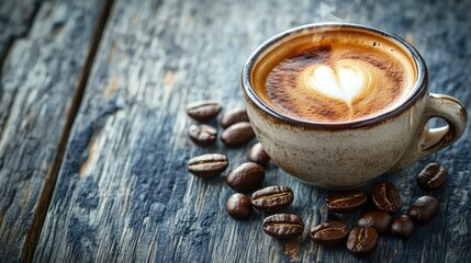 Retro cup filled with fragrant espresso Freshly roasted coffee beans and steaming espresso on a weathered wooden surface