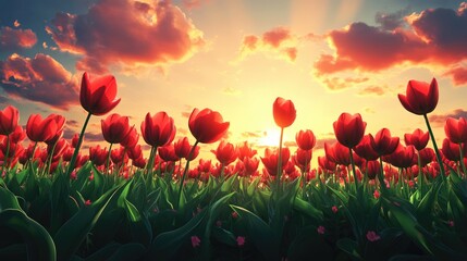Vibrant Red Tulips with Lush Green Foliage Beneath a Glowing Sunset Sky
