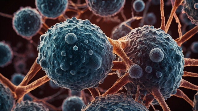 High-magnification image of Herpes simplex virus (HSV) infecting skin cells.