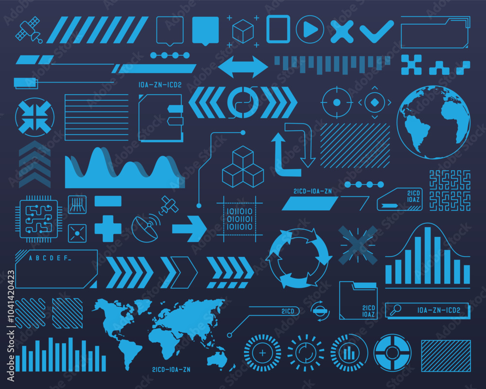 Poster hud elements showcase futuristic data visualization with graphs, maps, and icons. outline style coll