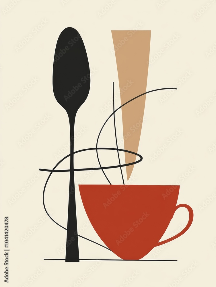Poster The artwork features an abstract representation of a spoon and a cup with minimalist shapes, emphasizing modern design aesthetics. Generative AI