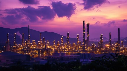A vast oil refinery illuminated by golden lights at dusk, with a deep purple sky providing a striking contrast to the industrial silhouette.