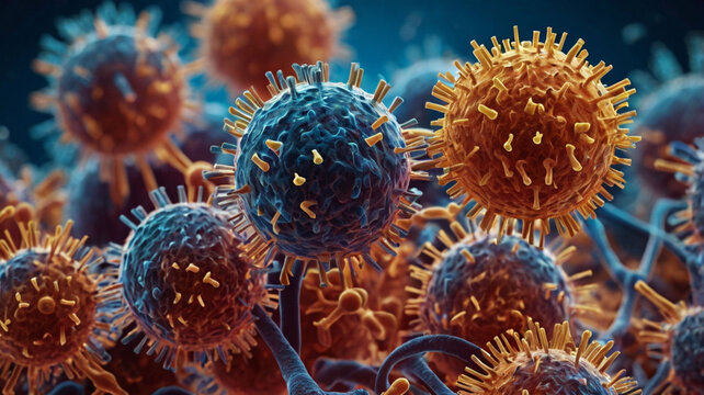 Human parainfluenza virus particles under a powerful microscope.