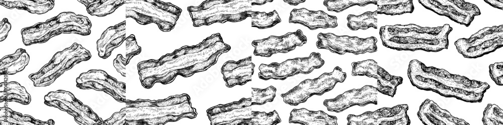 Poster hand-drawn seamless pattern of bacon in an engraved vintage style. monochrome pattern of hamon or po