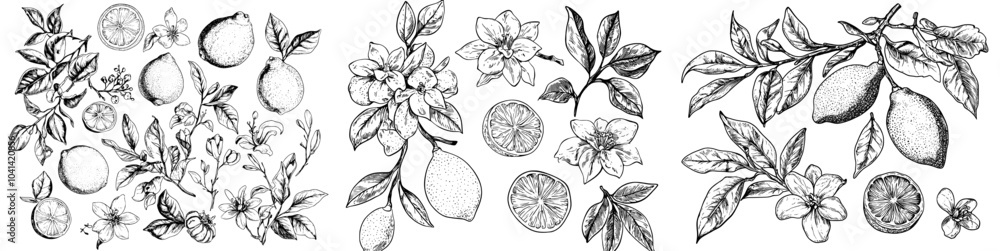 Poster the lime fruit sketches set includes a citrus tree branch, fruit, leaves and flowers. they are hand-