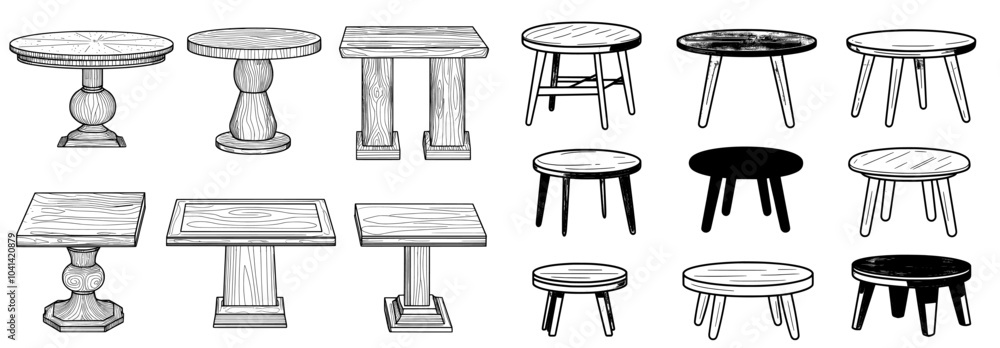 Poster Table outline icon set. Outline monochrome modern illustration isolated on white background. Round and rectangular lines of the table. The coffee table outline icon set can be used to decorate a
