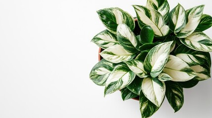 Fototapeta premium Aerial view of a houseplant featuring white and green variegated leaves in a flower pot showcasing the tropical Epipremnum Aureum N Joy variety against a white background