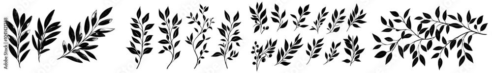 Aufkleber a set of modern plants and branches with leaves painted with black inks on an isolated background. s