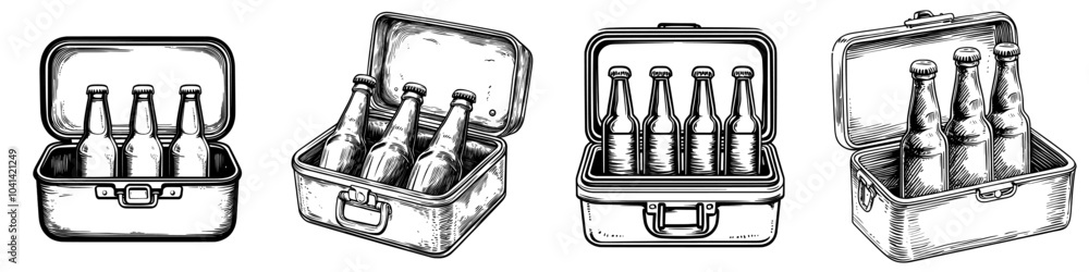 Poster an open refrigerator bag with glass bottles of cold beer is drawn in black ink on a transparent back