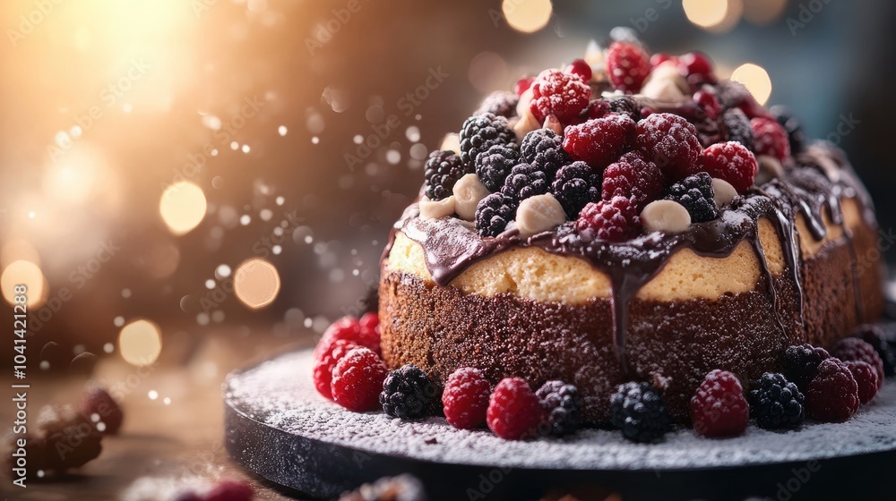Poster A decadent yule log cake adorned with chocolate and fresh berries set against a softly blurred background featuring ample copy space