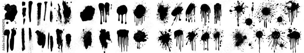 Aufkleber A set of abstract ink blot textures. A bundle of melting paint elements. A black splash icon. An artistic and creative hand drawn layout.