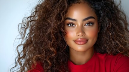 Confident and Radiant African American Woman Posing in Casual Attire   Smiling Gen Z Female with Curly Hair Framing Her Face Isolated on White Background