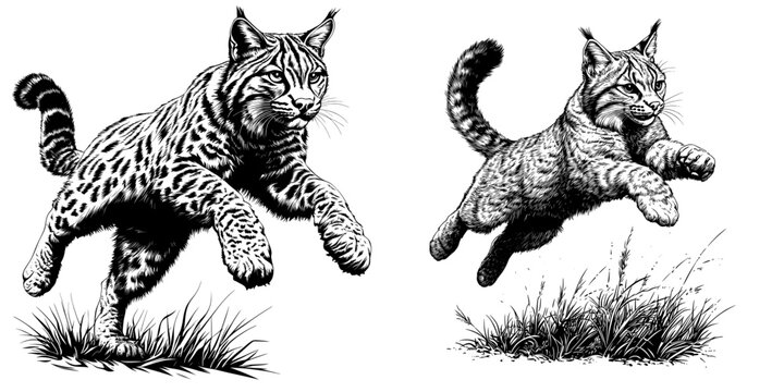 Monochrome animal monochrome sketch, vintage engraving line art, bobcat jump
