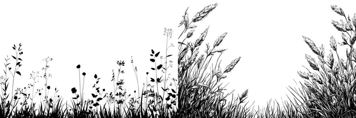 Line sketch of wild grasses, grassland, and weeds
