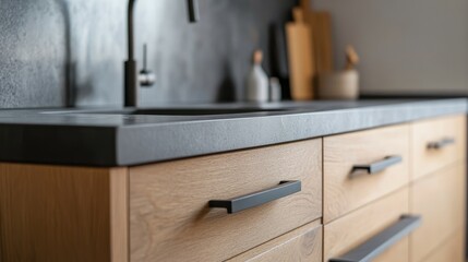 Minimalist kitchen furniture design featuring a tabletop with drawers and a faucet Close up view of home decor with selective focus