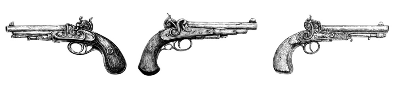 Printed vintage engraving of a pirate musket and pistol. Black outline.