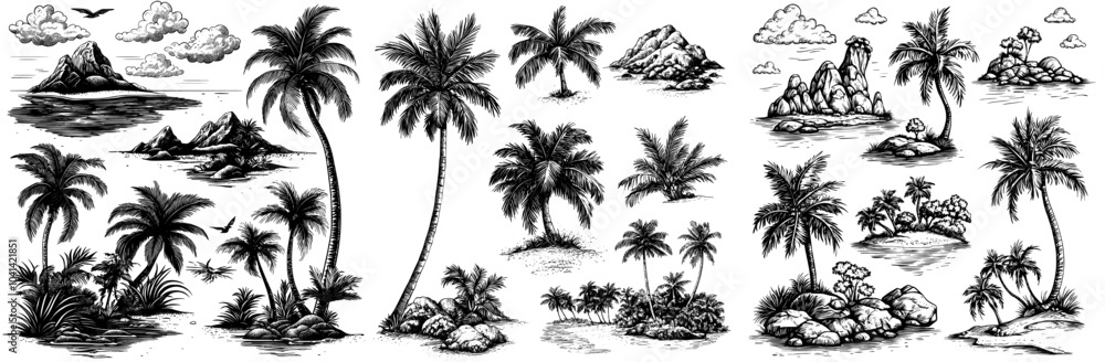 Poster Collection of modern monochrome sketch drawings on a white background depicting a small tropical island with palm trees