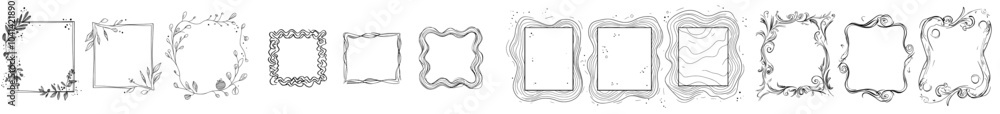 Aufkleber Black frames template with text space. Illustration of hand drawn wavy frames isolated on a white background. Vertical border frame card with black borders