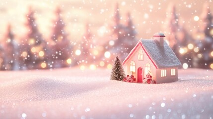 Fototapeta premium Charming festive background featuring a small house with Christmas decorations set against a soft pink snowy landscape and twinkling lights providing ample space for text