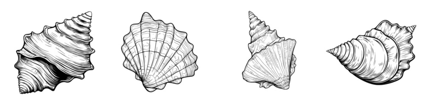 Illustration of a modern spiral seashell shelled sea snail whelk for coloring pages. Line drawings of ocean creatures for nautical designs.