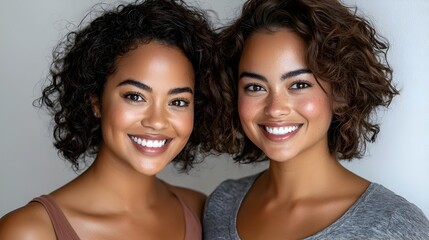 Obraz premium Cheerful and Happy Young African American Woman with Curly Hair Posing Confidently and Smiling Brightly Against a Plain White Background