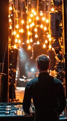 Obraz premium Stage Technician Setting Up Lighting and Sound Equipment