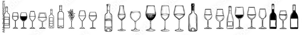 Poster modern illustration of drinking with linear glasses and bottles. bar and menu icons.