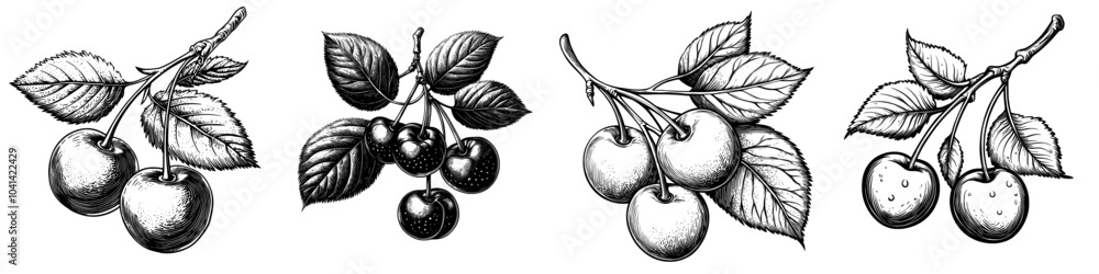 Poster a realistic ink sketch of a black cherry fruit outline on a transparent background