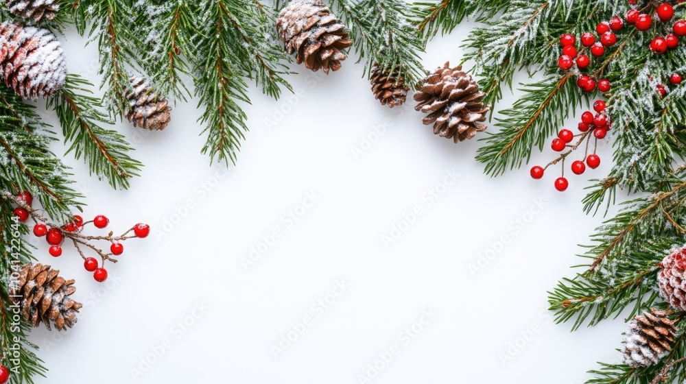 Poster festive border frame featuring green fir branches adorned with red berries and cones blanketed in sn