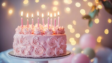 A pastel pink birthday cake adorned with candles showcased against a gentle backdrop of twinkling lights and bokeh creating an elegant and festive ambiance