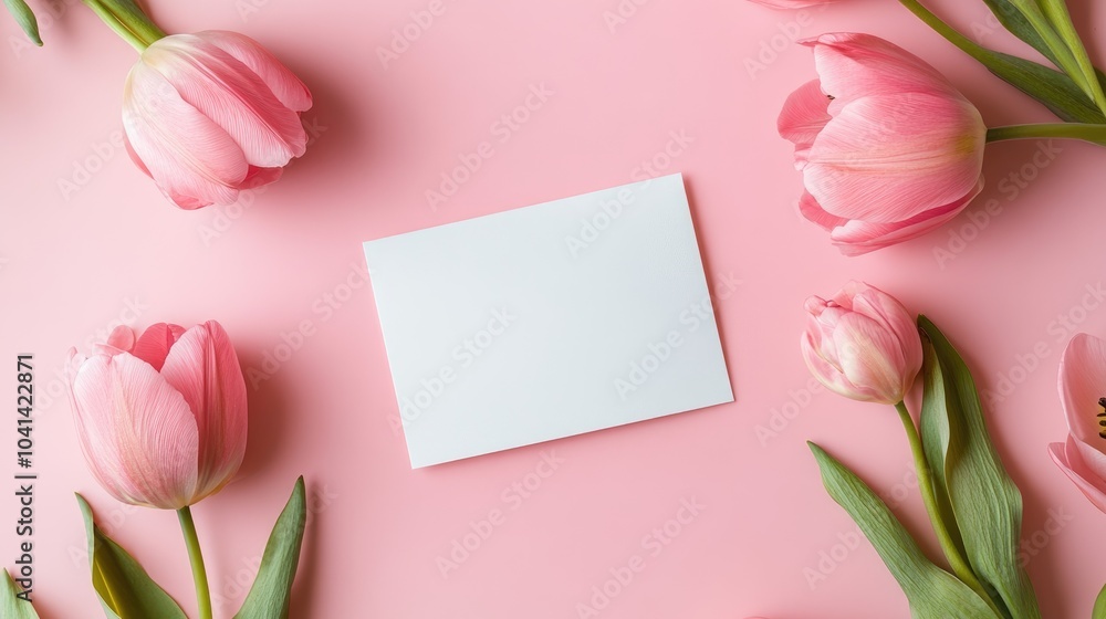 Poster fresh pink flowers with a blank white card minimal spring concept for an invitation or greeting card