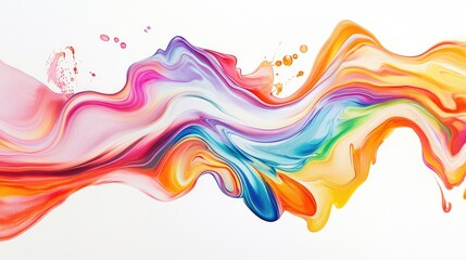 Abstract colorful paint waves form a sweeping, rainbow-like motion across a white canvas, showcasing vibrant energy and fluidity in this artistic capture.