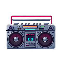 Fototapeta premium Retro Boombox: A Vibrant Tribute to 80s Iconography. This classic device embodies the spirit of a colorful era, blending nostalgia with the pulse of music in a striking visual display.