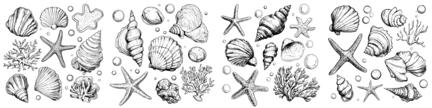 EPS clip art set showing shells, pebbles, corals, starfish, algae and bubbles. Hand drawn underwater world.
