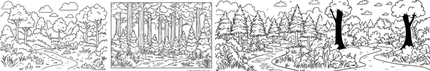 Obraz premium Illustration of a forest path with trees and dense foliage in monochrome