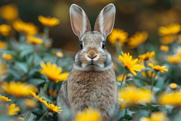 Obraz premium Adorable Bunny Surrounded by Yellow Flowers in a Spring Garden