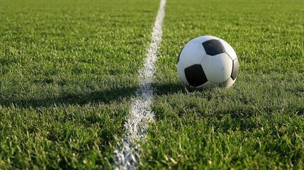 Fototapeta premium Soccer ball resting on the white boundary line of a grassy field defining the playing area
