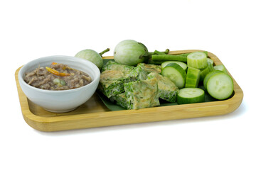 Shrimp Paste Sauce,Thai shrimp paste (Nam prik kapi) with vegetables in wooden tray isolated on white background with clipping path stacking, Thai traditional food