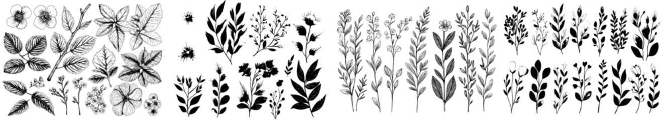 A plant branch doodle. Hand drawn black lines leaves. Exotic summer botanical fern branches. Natural decorative foliage, sketch leaves. Floral isolated elements for wedding cards.