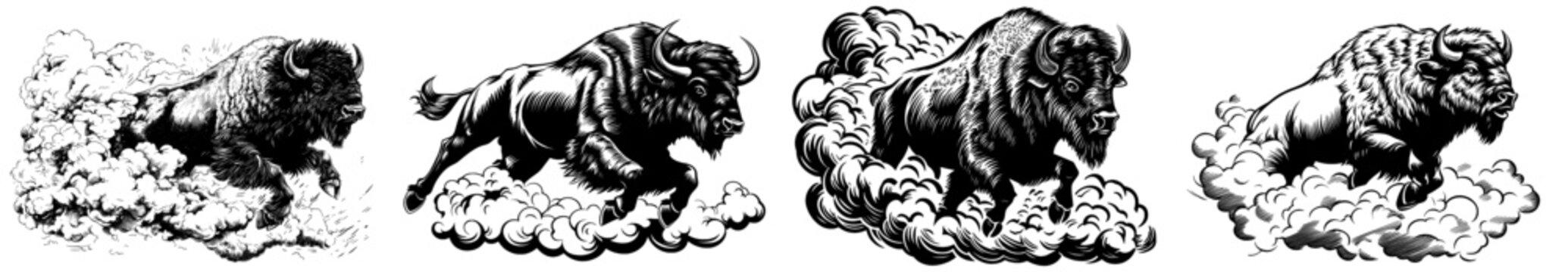 This powerful, black and white illustration of a bison charging emphasizes its strength and movement.
