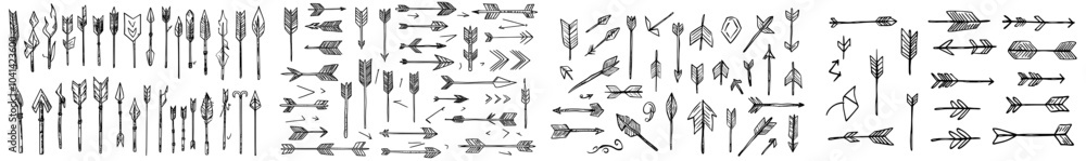 Poster a set of twenty seven hand-drawn arrows with doodles and squiggles. modern set.