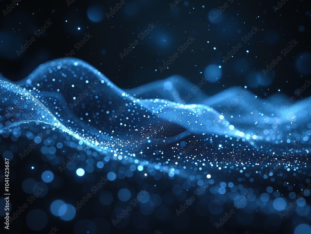 Poster abstract blue waves with sparkling particles creating a dynamic, ethereal atmosphere.