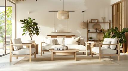 Fototapeta premium Minimalist, japandi interior design of modern living room - an elegant and serene space. This modern living room showcases a minimalist Japandi interior design, with clean lines and a harmonious blend