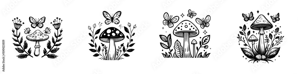 Aufkleber illustration of an abstract botanical composition with a butterfly and flowers that are unique