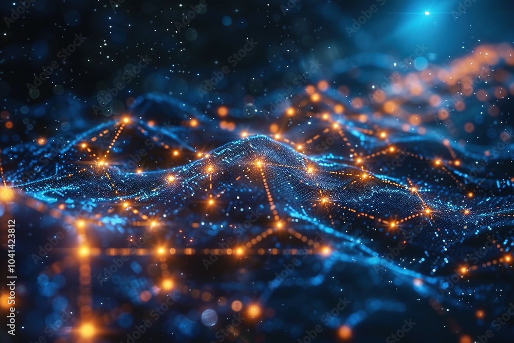 Poster abstract digital landscape with glowing nodes and connections, representing data and technology.