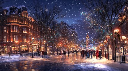 A snow-covered city square with people bundled up in winter coats shopping amidst twinkling holiday lights Stock Photo with side copy space