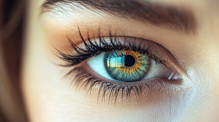 Obraz premium Close up woman eyes. Macro classic volume long eyelash extensions, lamination, correction. Natural beauty or laser vision correction. Skin care, beauty, makeup concept.