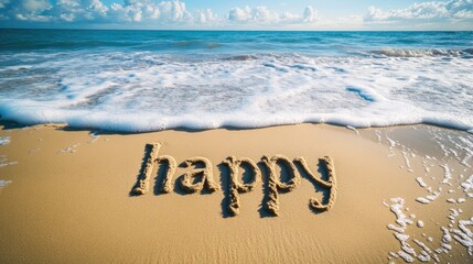 Joyful word happy inscribed in sand on a beach overlooking the ocean