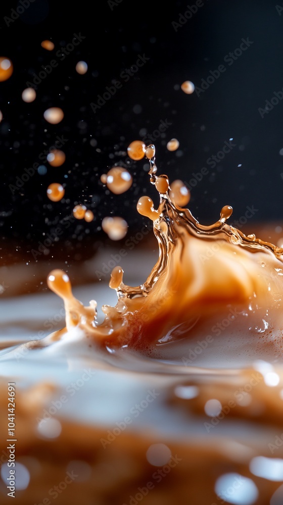 Poster a close-up of a splash of coffee in milk, creating a dynamic and abstract pattern with a dark backgr