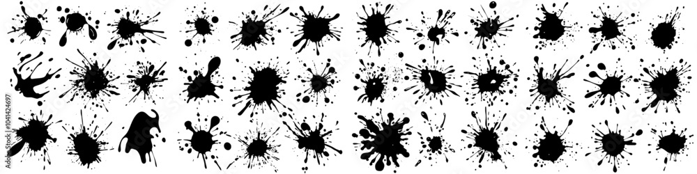 Poster this collection features a variety of shapes and splashes of black ink on a white background.